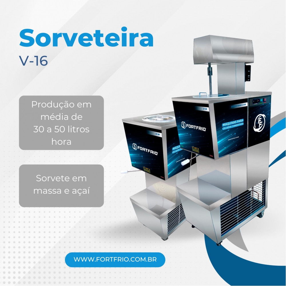 V-16 ou V-16 AÇAÍ BIFÁSICO - Máquina produtora de sorvete em massa de até 30 litros/h a 50 litros/h